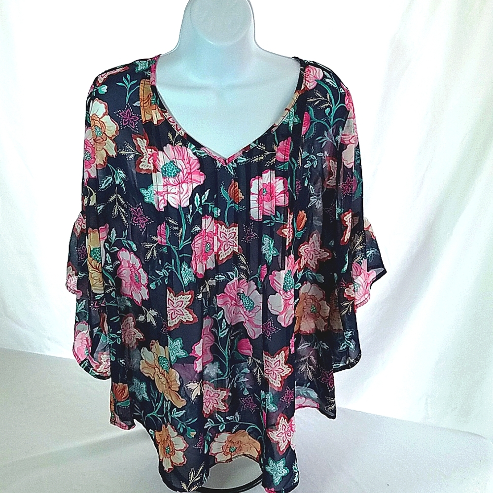 Style & Co Women's Navy Sheer Floral Bell Sleeve V Neck Blouse Top Size M